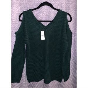 Forest green “cold shoulder” sweater